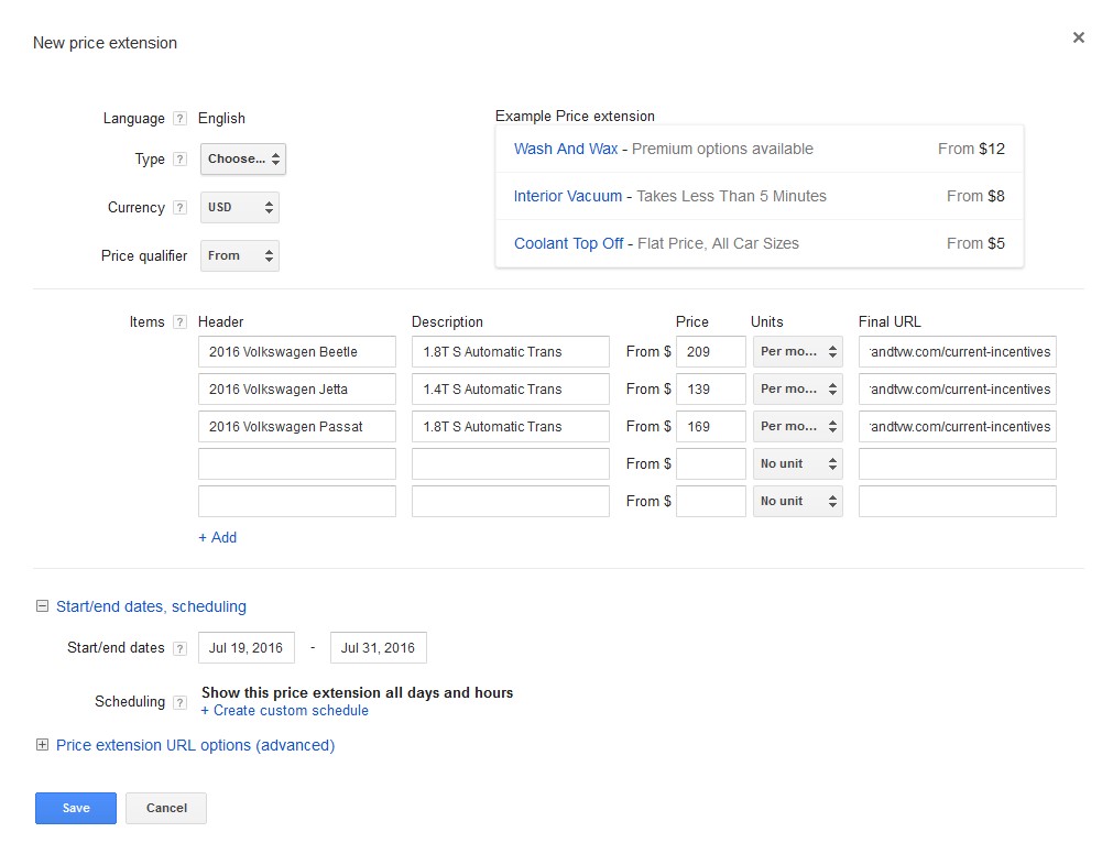 AdWords Price Extension Setup